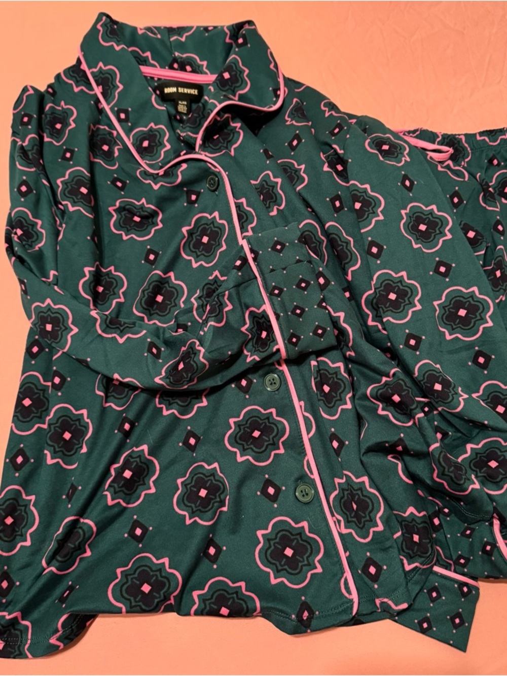 Women’s Pajama Set - Dark Green with Pink Trim - Picture 2 of 4